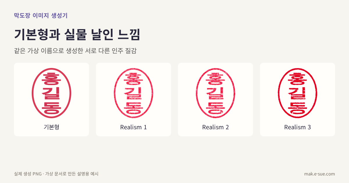 가상 이름 홍길동으로 만든 기본형 하나와 서로 다른 Realism 도장 세 개